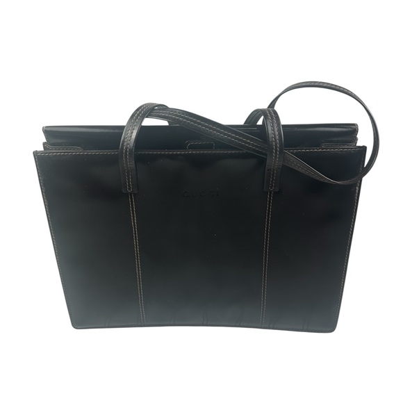 Gucci Vintage Black Leather Structured Tote Bag Unisex - Picture 1 of 10